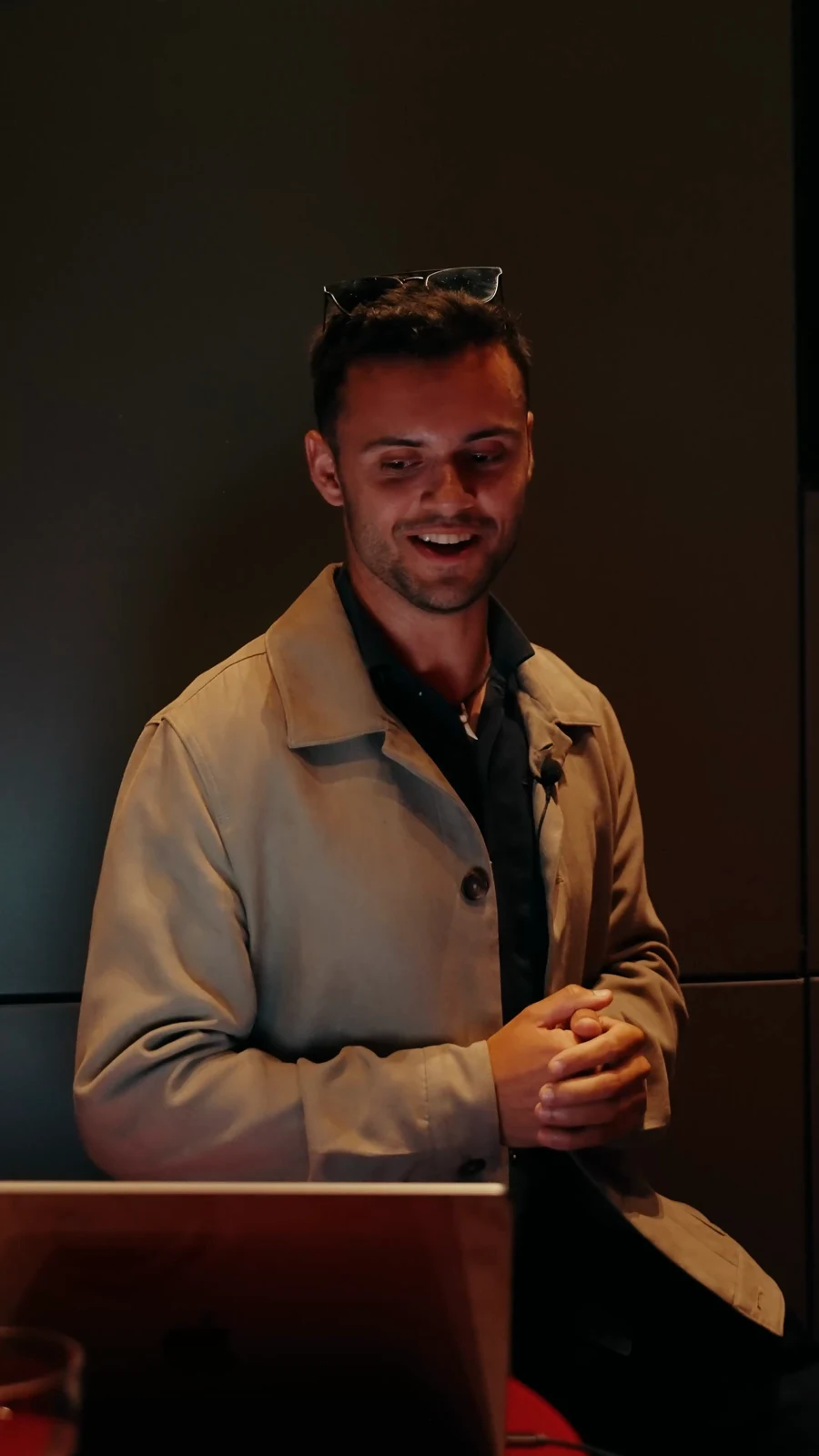 Ethan Monkhouse laughing mid-talk